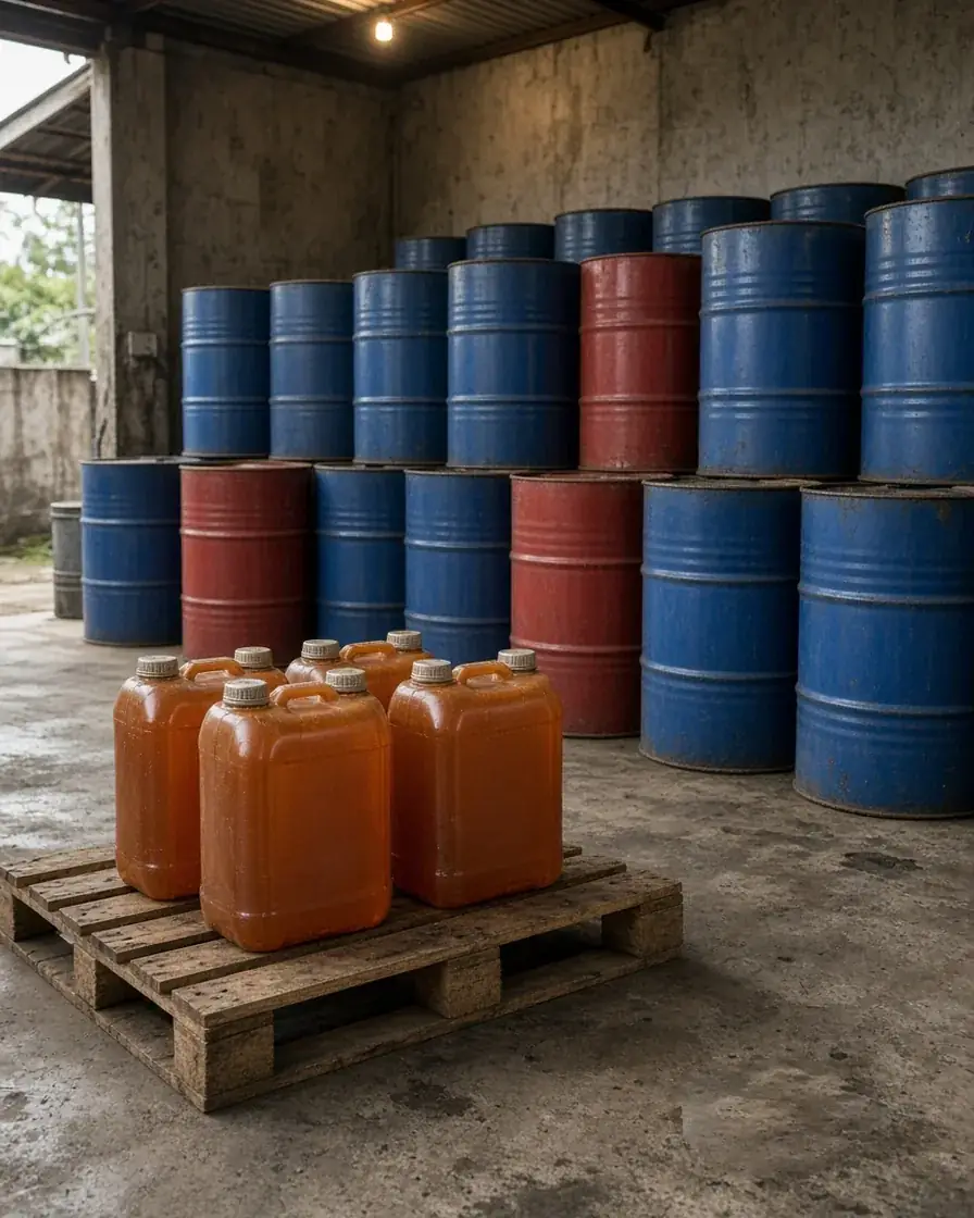 Oil drums and jerricans of lubricating oil stored under a workshop roof