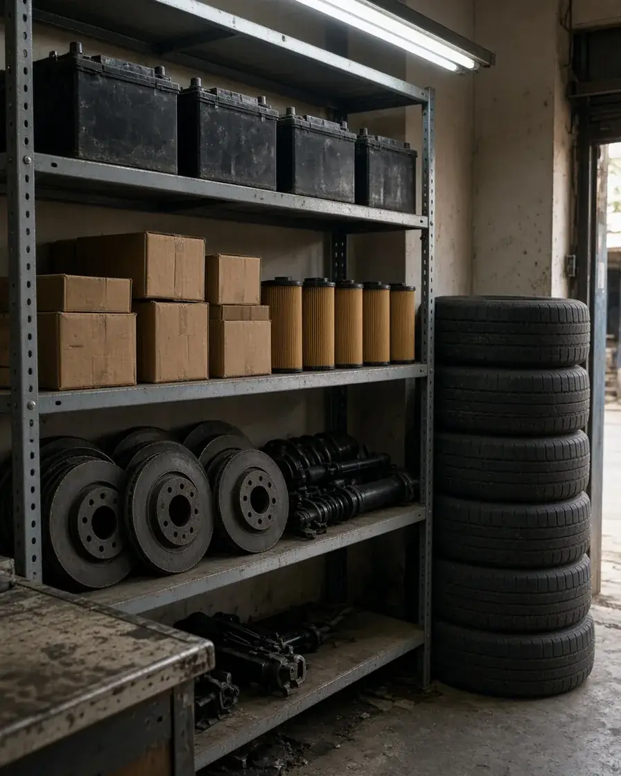 Shelves of car batteries, filters, brake discs and tyres in a spares shop