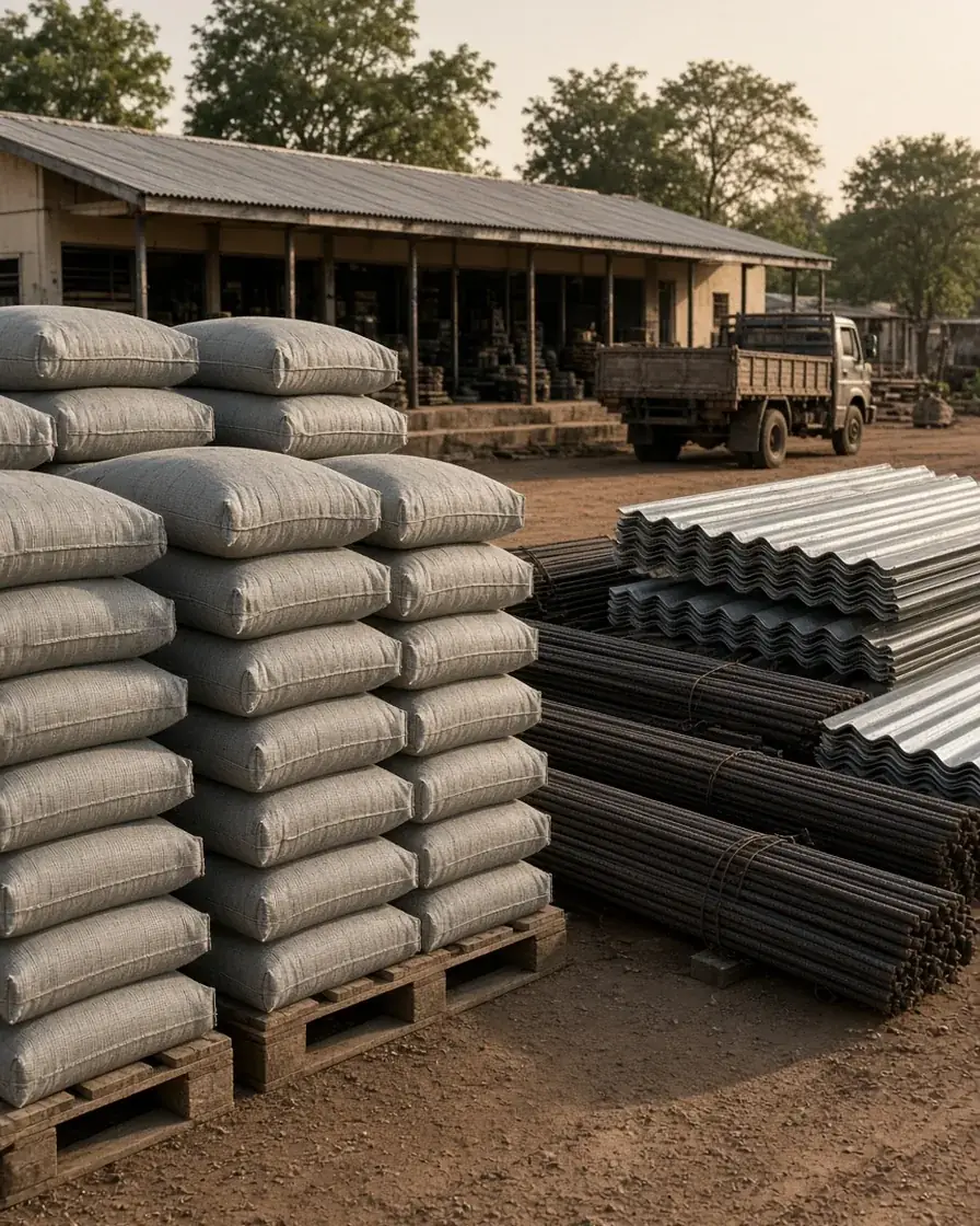 Cement bags, steel bars and iron roofing sheets stacked in a hardware yard